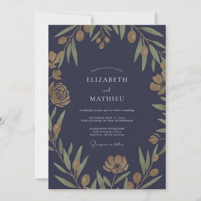 Boho Midnight Olive Leaf Wedding Invitation (Front)