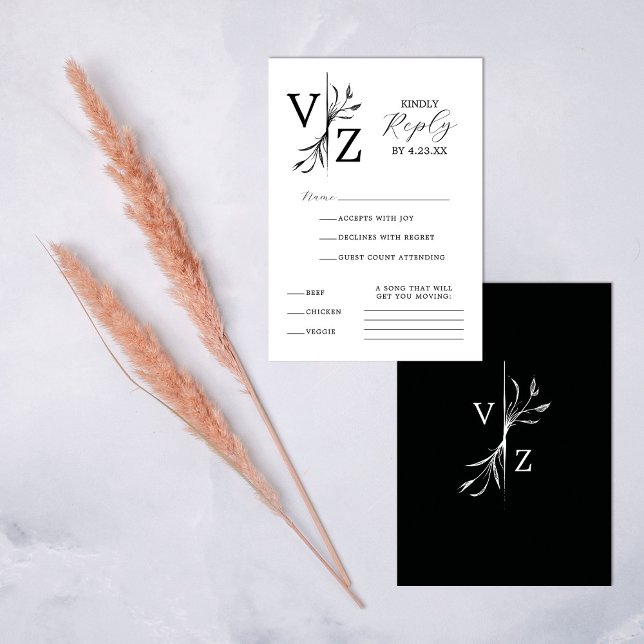 Boho Minimal Black and White Leaf Monogram Wedding RSVP Card (Creator Uploaded)