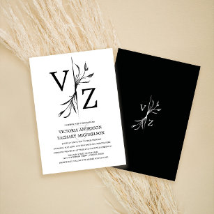Boho Minimal Dark Terracotta Leaf Monogram Wedding Invitation