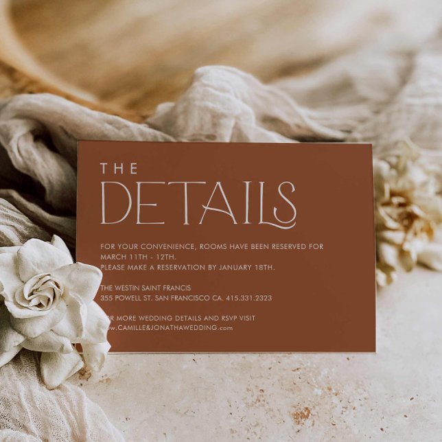 Boho Minimal Mariage Details Carte de boîtier (Terracotta Boho Wedding Details Card)
