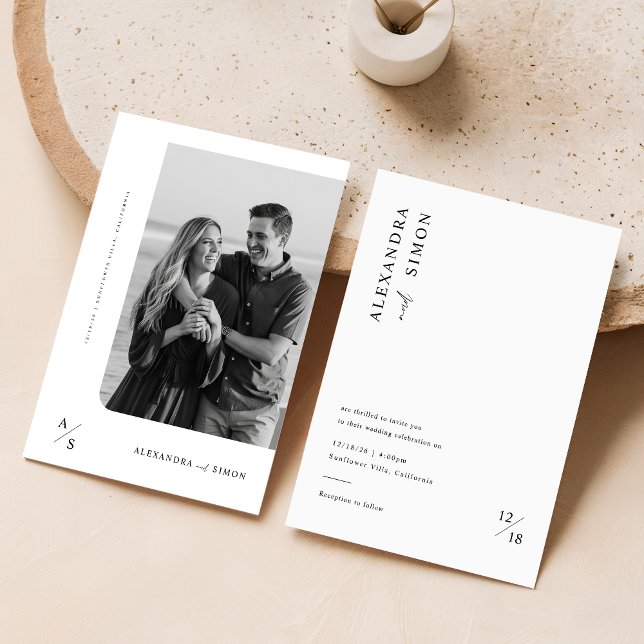 Boho Minimalist Black and White Monogram Wedding Invitation (Creator Uploaded)