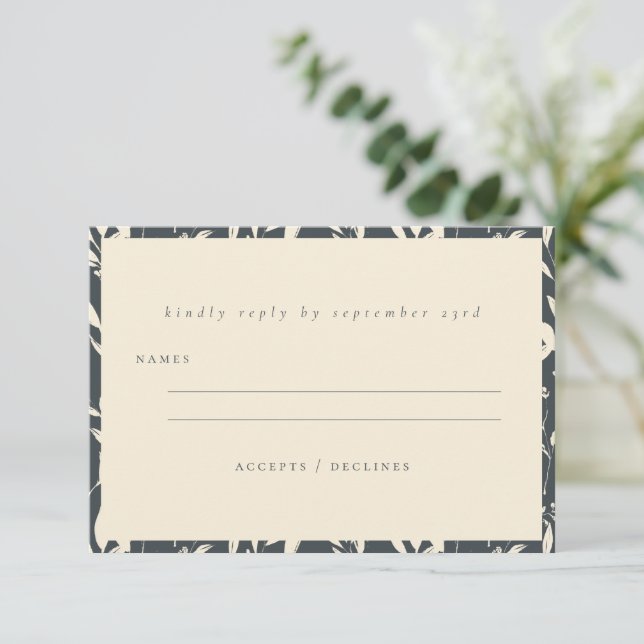 Boho Minimalist Black Hand Drawn Floral Wedding  RSVP Card (Standing Front)