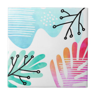 Boho Minimalist Blob Shape Leaves Line Art Tile