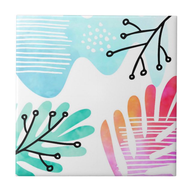 Boho Minimalist Blob Shape Leaves Line Art Tile (Front)