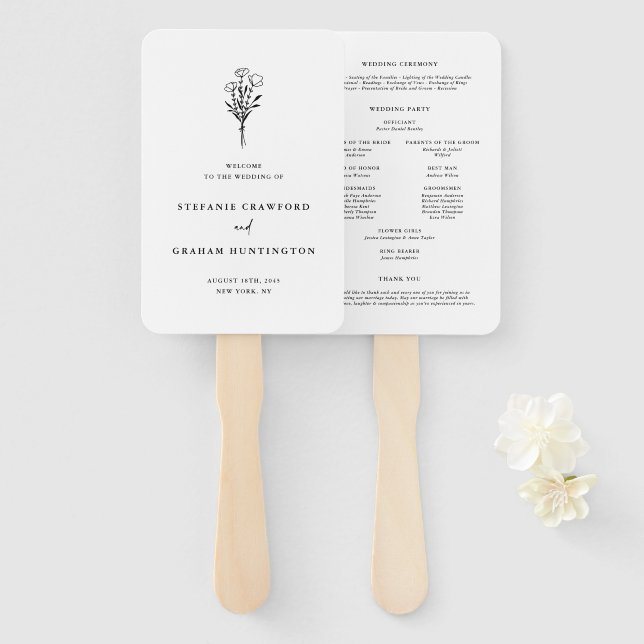 Boho Minimalist Botanicals Black and White Program Hand Fan (Front and Back)
