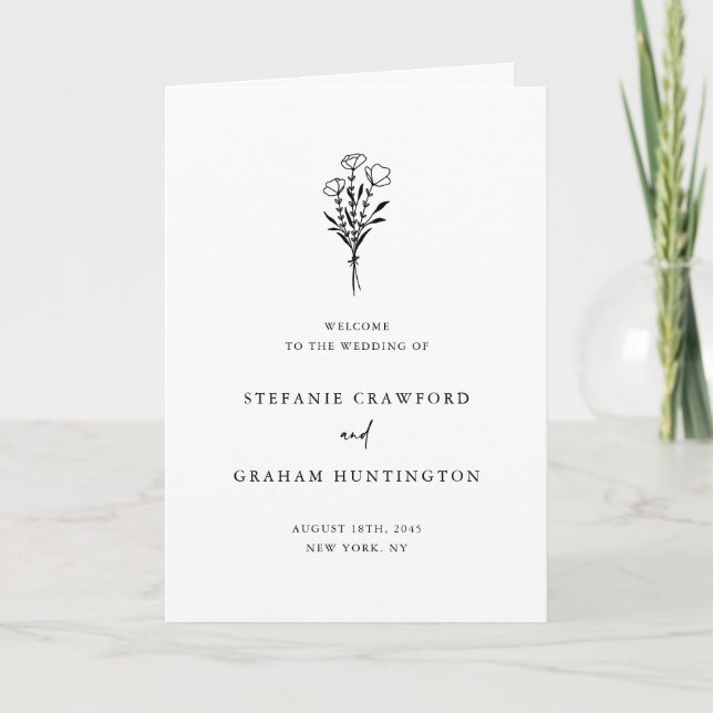 Boho Minimalist Botanicals Black and White Wedding Program (Front)