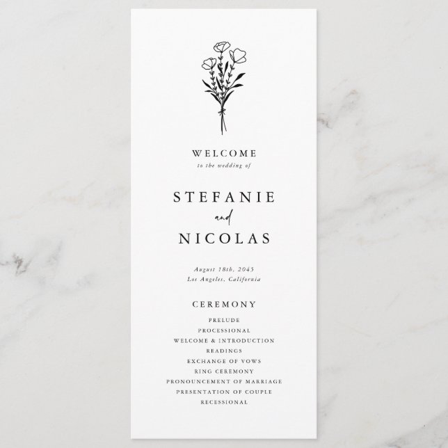 Boho Minimalist Botanicals Black and White Wedding Program (Front)