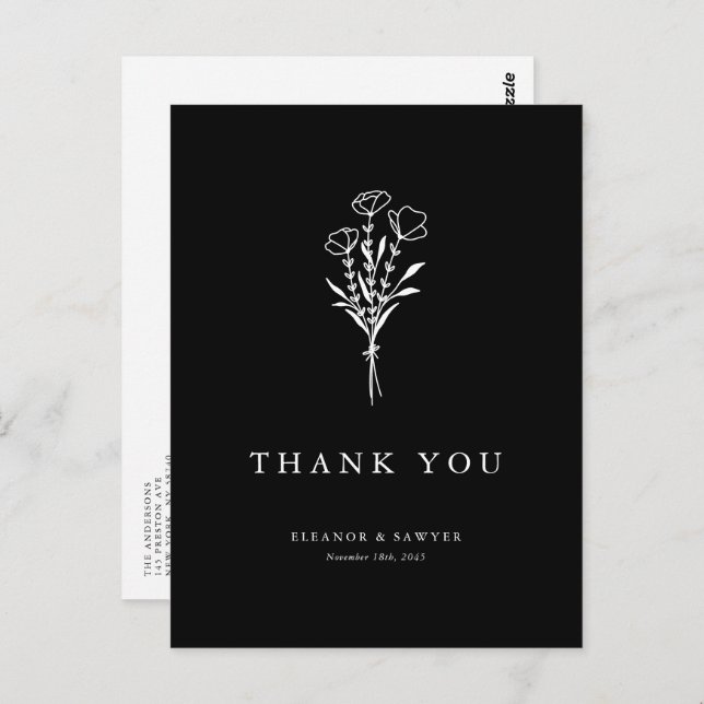 Boho Minimalist Botanicals Black Wedding Thank You Postcard (Front/Back)