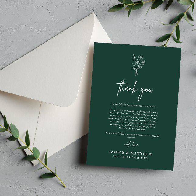 Boho Minimalist Botanicals Emerald Fall Wedding Thank You Card (Minimalist emerald botanical thank you card adds rich fall warmth to your wedding gratitude notes)
