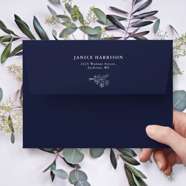 Boho Minimalist Botanicals Navy Blue Wedding Envelope (Creator Uploaded)