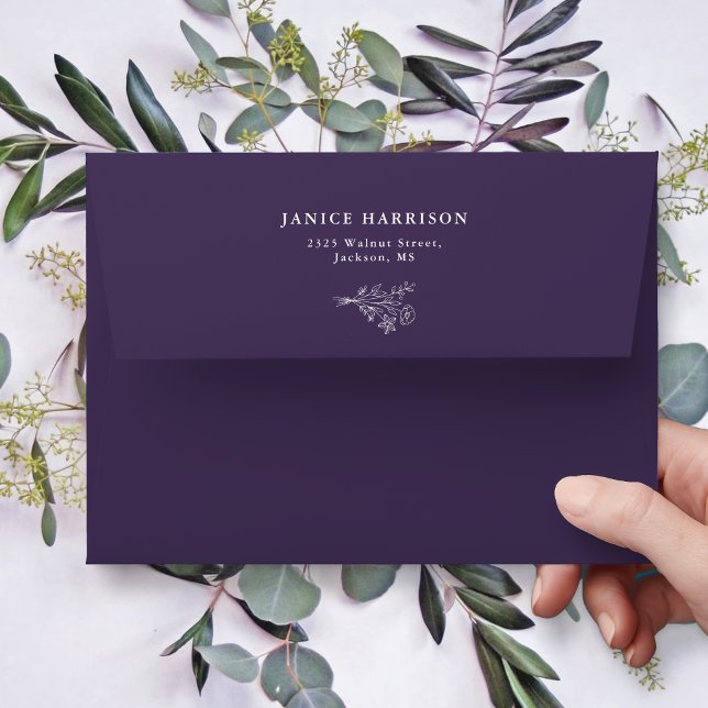 Boho Minimalist Botanicals Purple Wedding Envelope (Purple boho botanical wedding envelope adds romantic charm while presenting your invites beautifully)