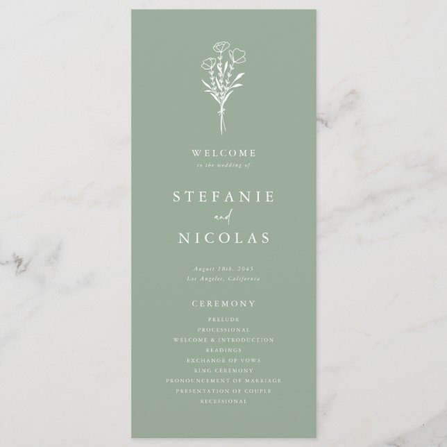 Boho Minimalist Botanicals Sage Green Wedding Program (Front)