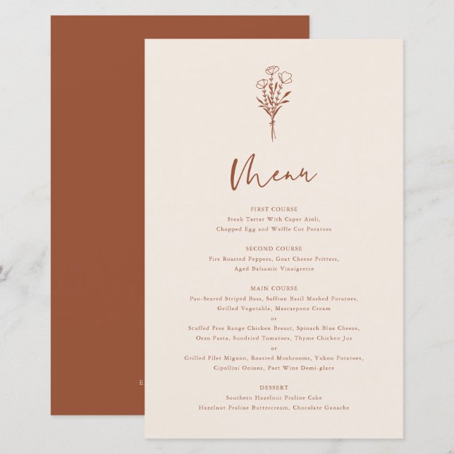 Boho Minimalist Botanicals Terracotta Menu Card (Front/Back)