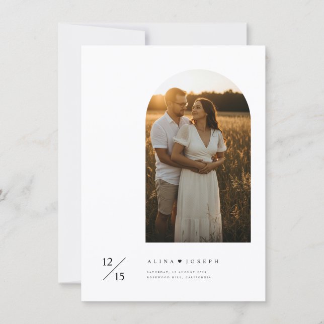 Boho Minimalist Budget Arch Photo Wedding Invitation (Front)