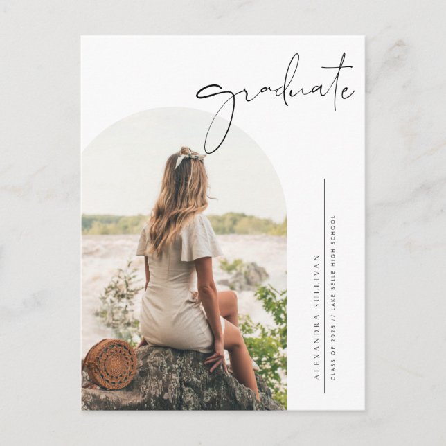 Boho Minimalist Calligraphy Arch Photo Graduation Invitation Postcard (Front)