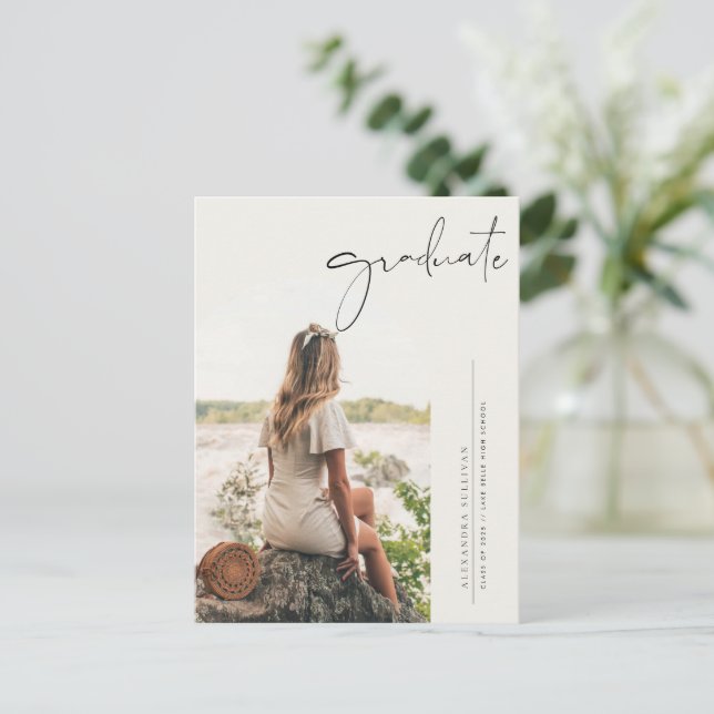 Boho Minimalist Calligraphy Arch Photo Graduation Invitation Postcard (Standing Front)