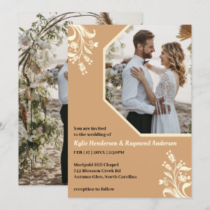 Boho Minimalist Floral Buff Wedding Invitation