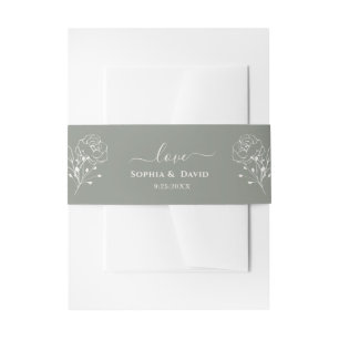 Boho Minimalist Floral Sage Green Monogram Wedding Invitation Belly Band