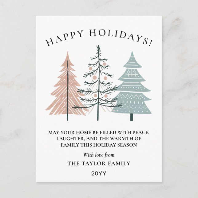 Boho Minimalist Hand Drawn Christmas Trees Holiday Postcard (Front)