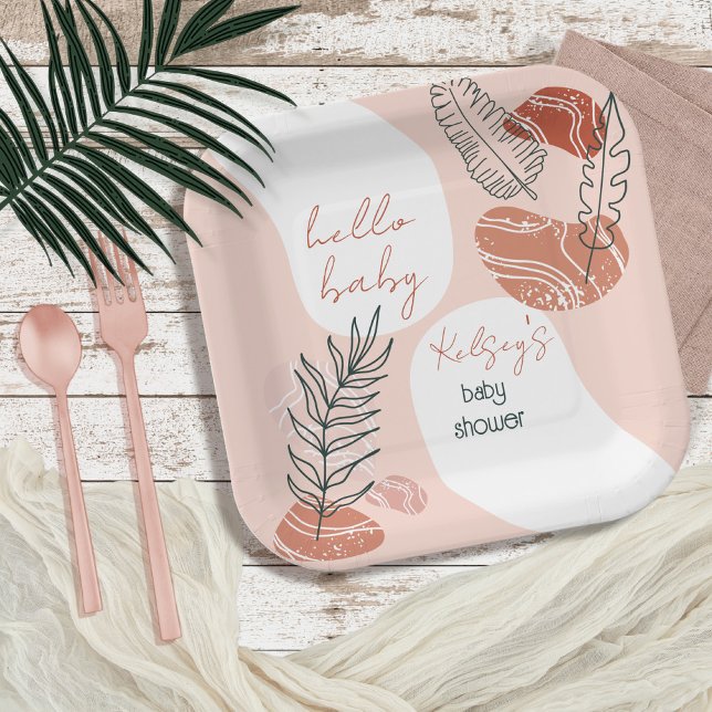 Boho Minimalist Hello Baby Shower Blush  Paper Plate (Creator Uploaded)