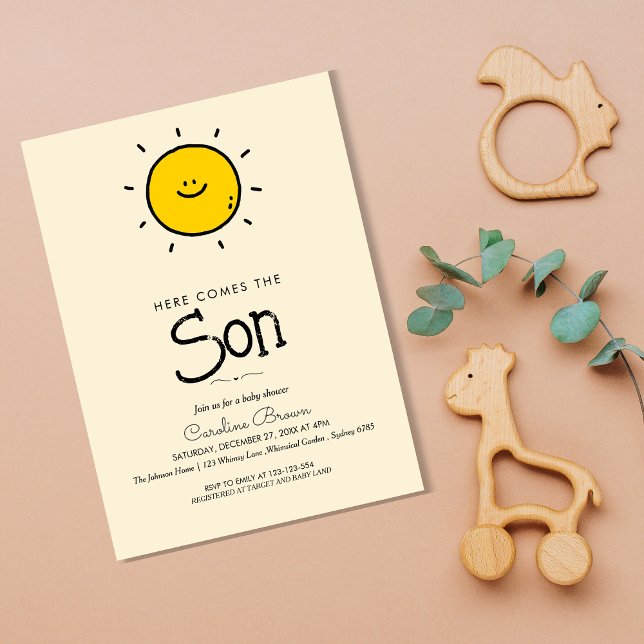 Boho Minimalist Here Comes The Son Baby Shower Invitation (Creator Uploaded)