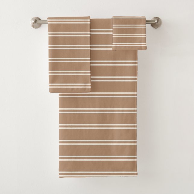 Boho Minimalist Modern Neutral Stripes Tan Brown Bath Towel Set (Insitu)