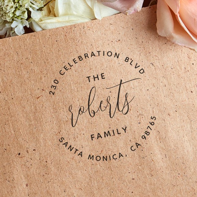 Boho Minimalist Round Logo Family Name Address Rubber Stamp (Rubber Stamp Mock-up)