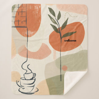 Boho Minimalist Teracotta Vase Floral Illustration Sherpa Blanket