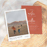 Boho Minimalist Terracotta Simple Photo Wedding Invitation<br><div class="desc">Minimalist terracotta bohemian wedding invitations. This simple, modern design features your engagement photo on the front of the page, with the couple's names aligned to the bottom on the left and their marriage date in stylish signature-style handwriting. These cards reverse to the invitation details in a beautiful typography layout. The...</div>