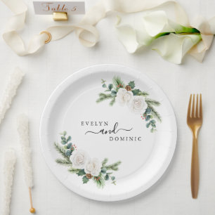 Boho Minimalist Winter Greenery Evergreen Wedding Paper Plate