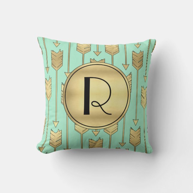 Boho Mint and Faux Gold Arrows Monogram Throw Pillow (Front)