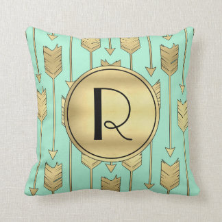 Boho Mint and Faux Gold Arrows Monogram Throw Pillow
