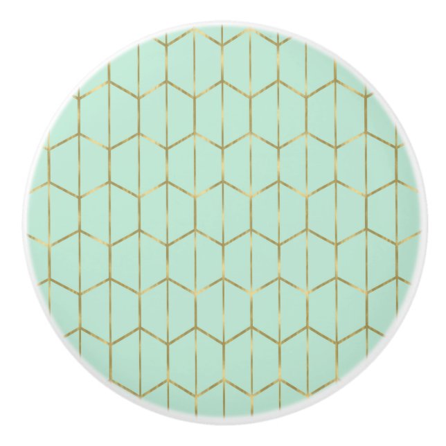 Boho Mint Green Hexagon Gold & Geometric Glam Ceramic Knob (Front)
