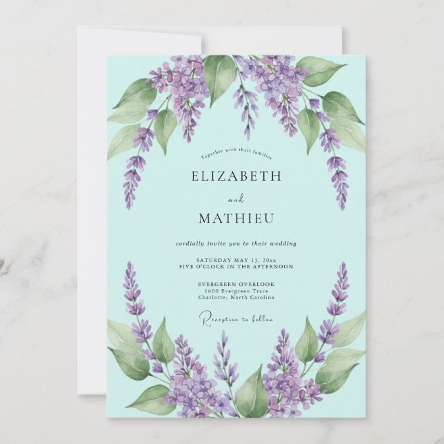 Boho Mint Purple Wisteria Wedding Invitation (Front)
