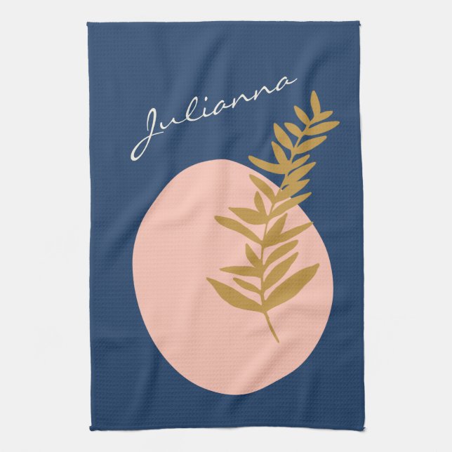 Boho Modern Abstract Botanical Art Blue Custom Kitchen Towel (Vertical)