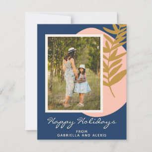 Boho Modern Abstract Botanical Blue Custom Photo Holiday Card