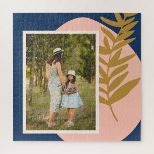 Boho Modern Abstract Botanical Blue Custom Photo Jigsaw Puzzle