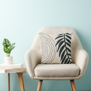 Boho, Modern, And Trendy Black Leaves And Circle   Throw Pillow