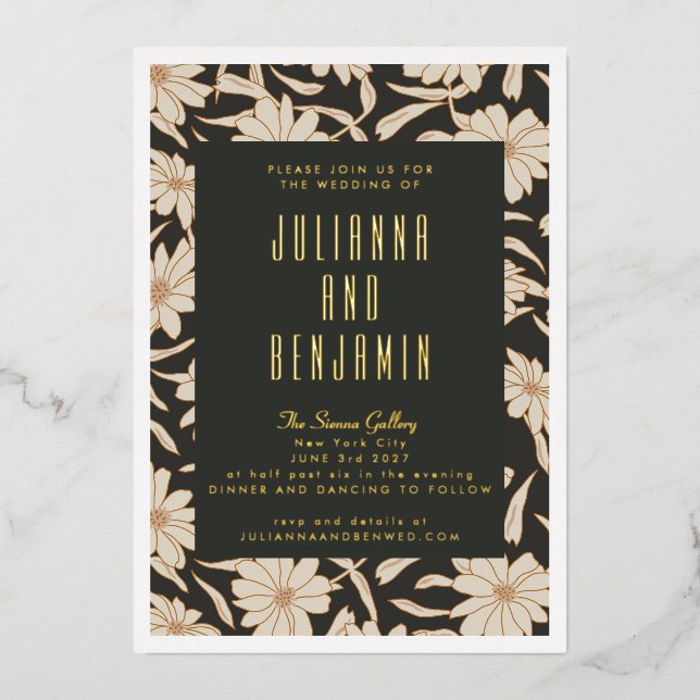 Boho Modern Botanical Black Ivory Wedding Gold (Front)
