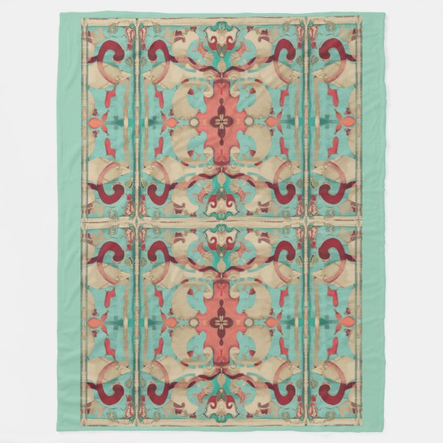 Boho Modern Fleur de Lis Deco Pink, Cream, Aqua Fleece Blanket (Front)