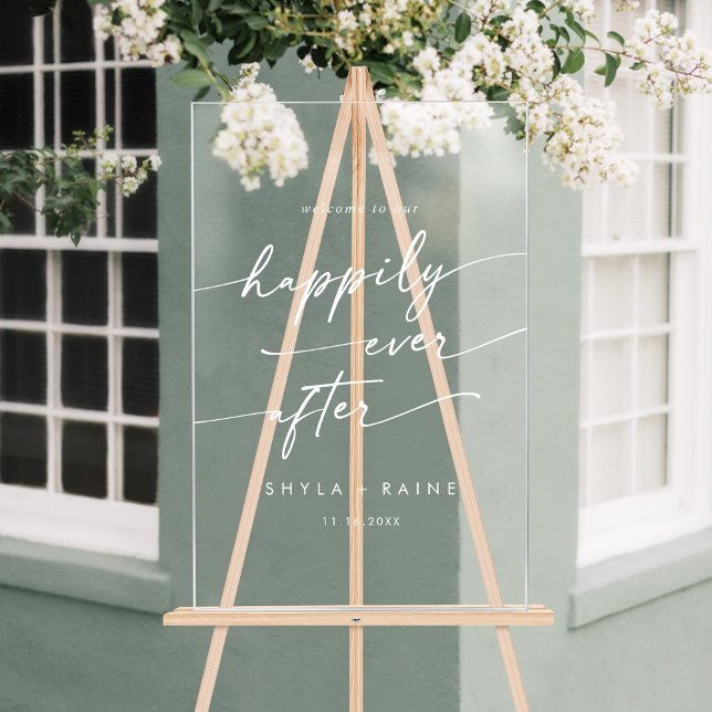 Boho Modern Happy Blanc Clair Mariage Bienvenue (Boho Modern Happily White Clear Wedding Welcome Acrylic Sign)