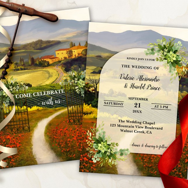 Boho Modern Italian Country Wedding Invitation (Modern romantic wedding invitation featuring an Italian landscape painting with watercolor flowers)