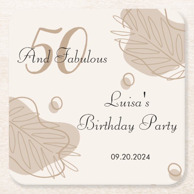 Boho Modern Leaf All Ages Birthday Square Paper Coaster (Front)