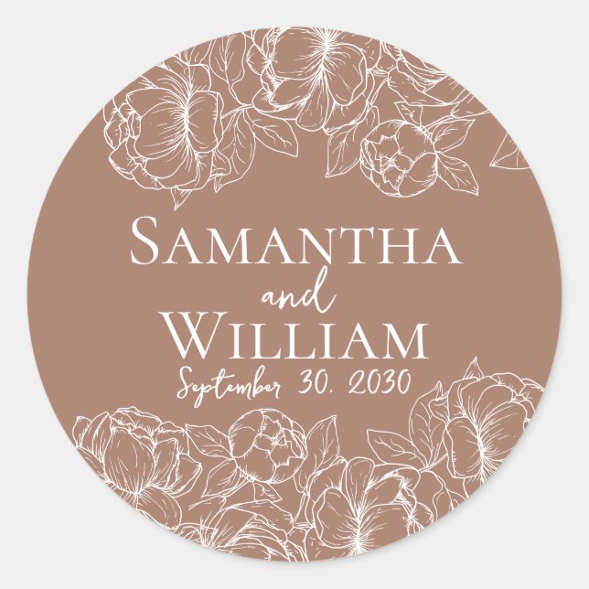 Boho Modern Mocha Mousse Elegant Rustic Wedding Classic Round Sticker (Front)