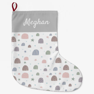 boho modern pastel rainbow stars monogram large christmas stocking