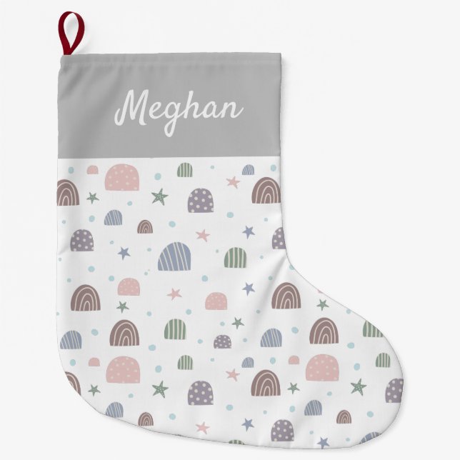 boho modern pastel rainbow stars monogram large christmas stocking (Front)