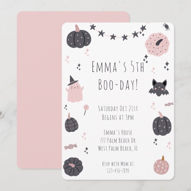 Boho Modern Pink Halloween Birthday Invitation (Front/Back)
