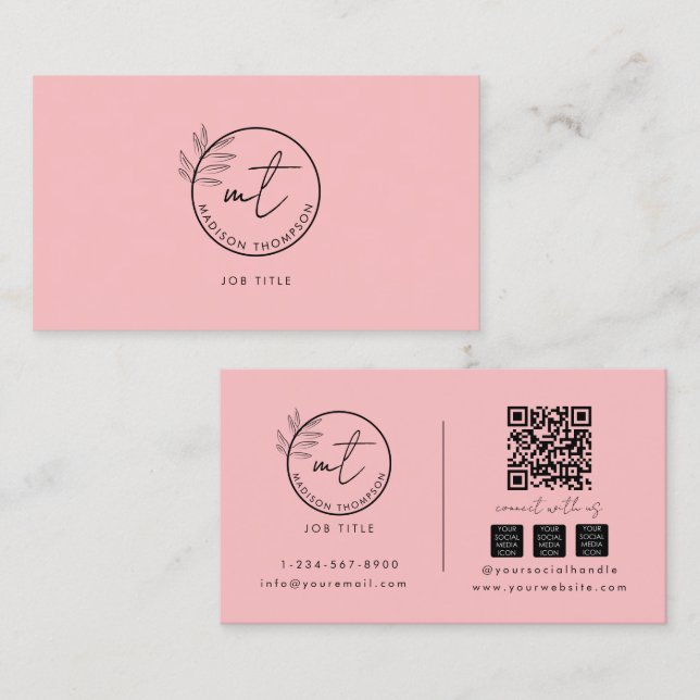 Boho Modern Pink QR Code Social Media Logo Business Card (Front/Back)