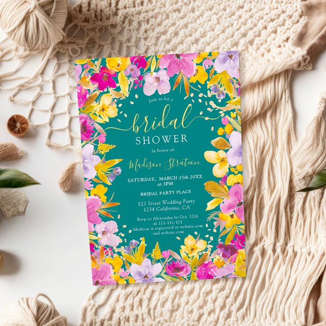 Boho modern purple lavender floral bridal shower invitation (Boho modern purple lavender floral bridal shower invitation on emerald green)