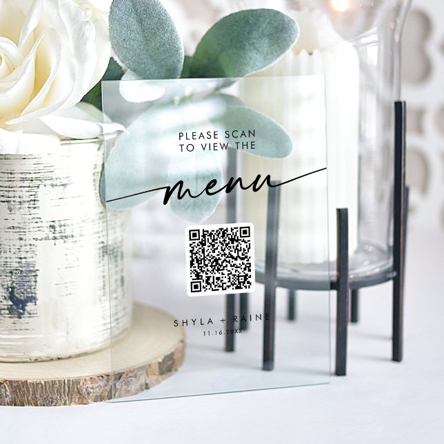 Boho Modern QR Code Clear Acrylic Wedding Menu Sign (Boho Modern QR Code Clear Acrylic Wedding Menu Acrylic Sign)